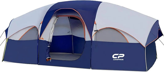 8-Person Family Camping Tent, Waterproof Double Layer with 5 Mesh Windows and Room Divider, Portable Carry Bag Included