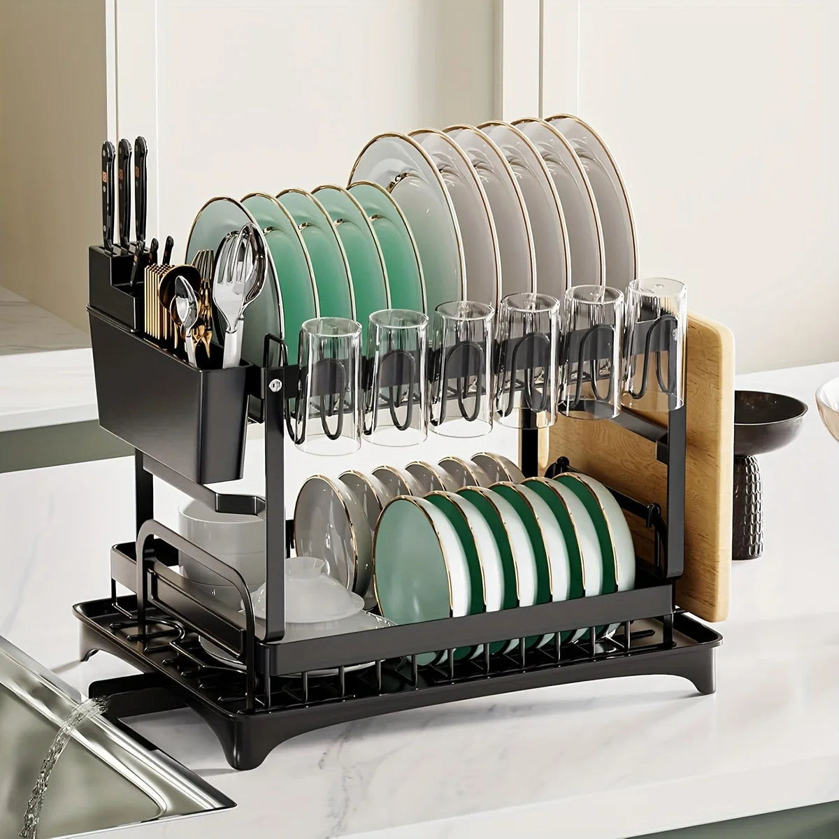 Kitchen Utensil Drying Rack with Drainage Tray, 2 Tier Detachable Dish Rack for Kitchen Counter, Large Capacity Dish Drainer Org