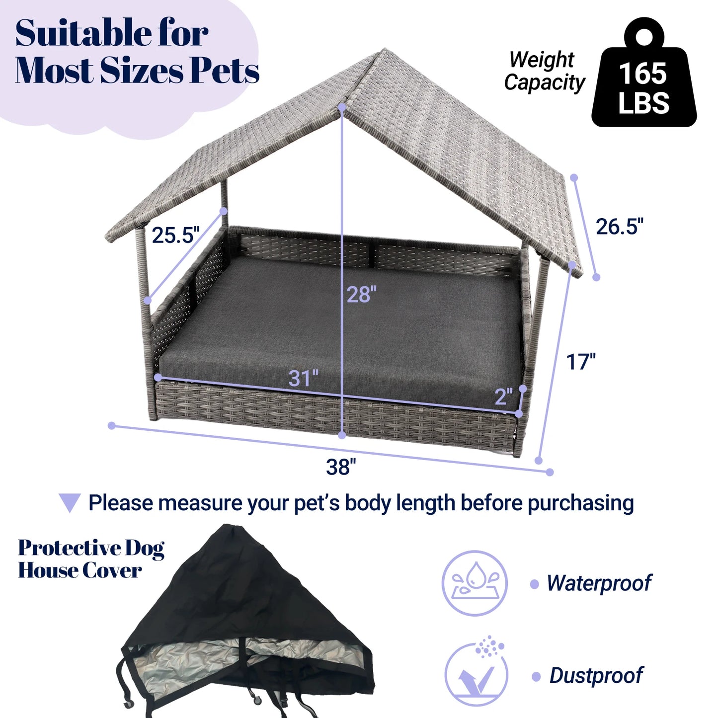 Wicker Dog House Canopy Elevated Rattan Bed Water Resistant Cushion