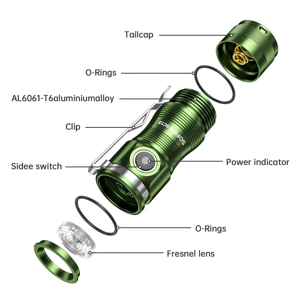 SOFIRN SC13 Mini Flashlight Black Green 519A/SST40 LED 1300lm Tactical 18350 6000K Keychain Emergency Torch