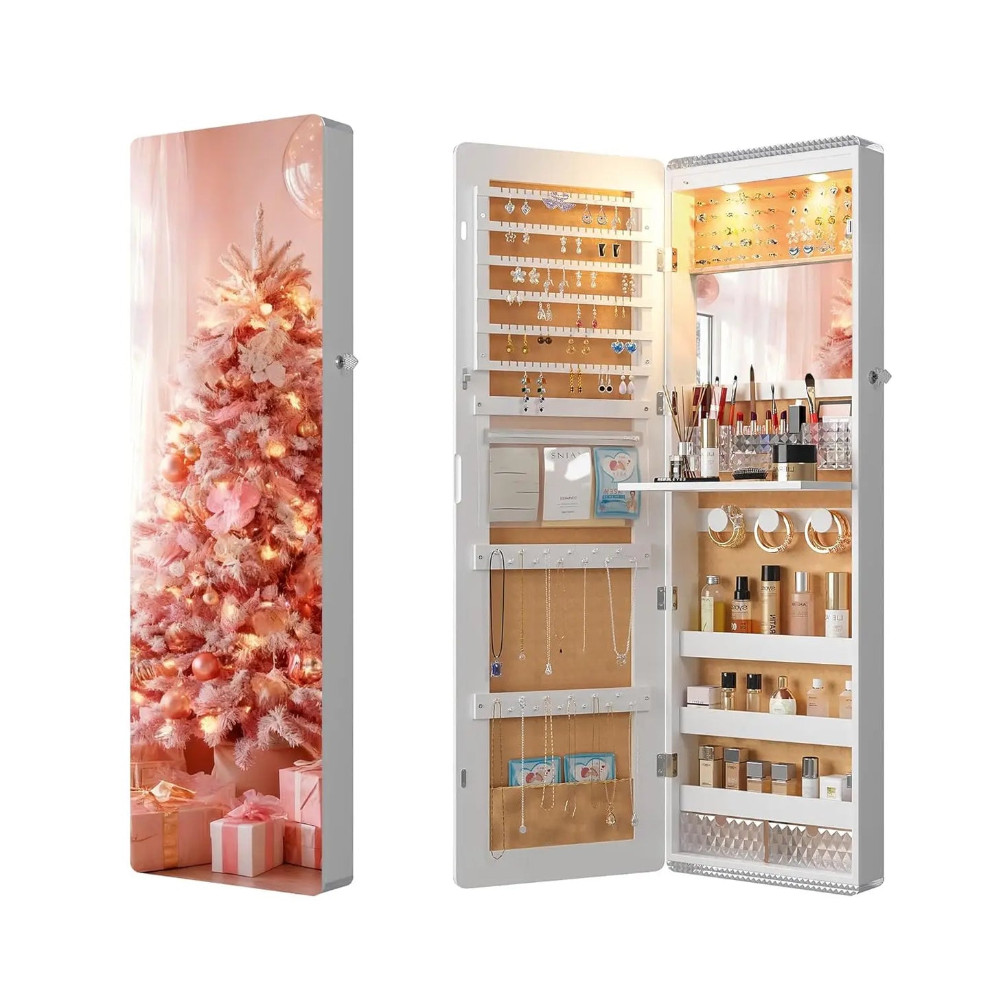 LED Mirror Jewelry Cabinet - with RGB lights,Lockable Wall/Door Mounted Full Length Mirror with Storage,Hanging, Customized