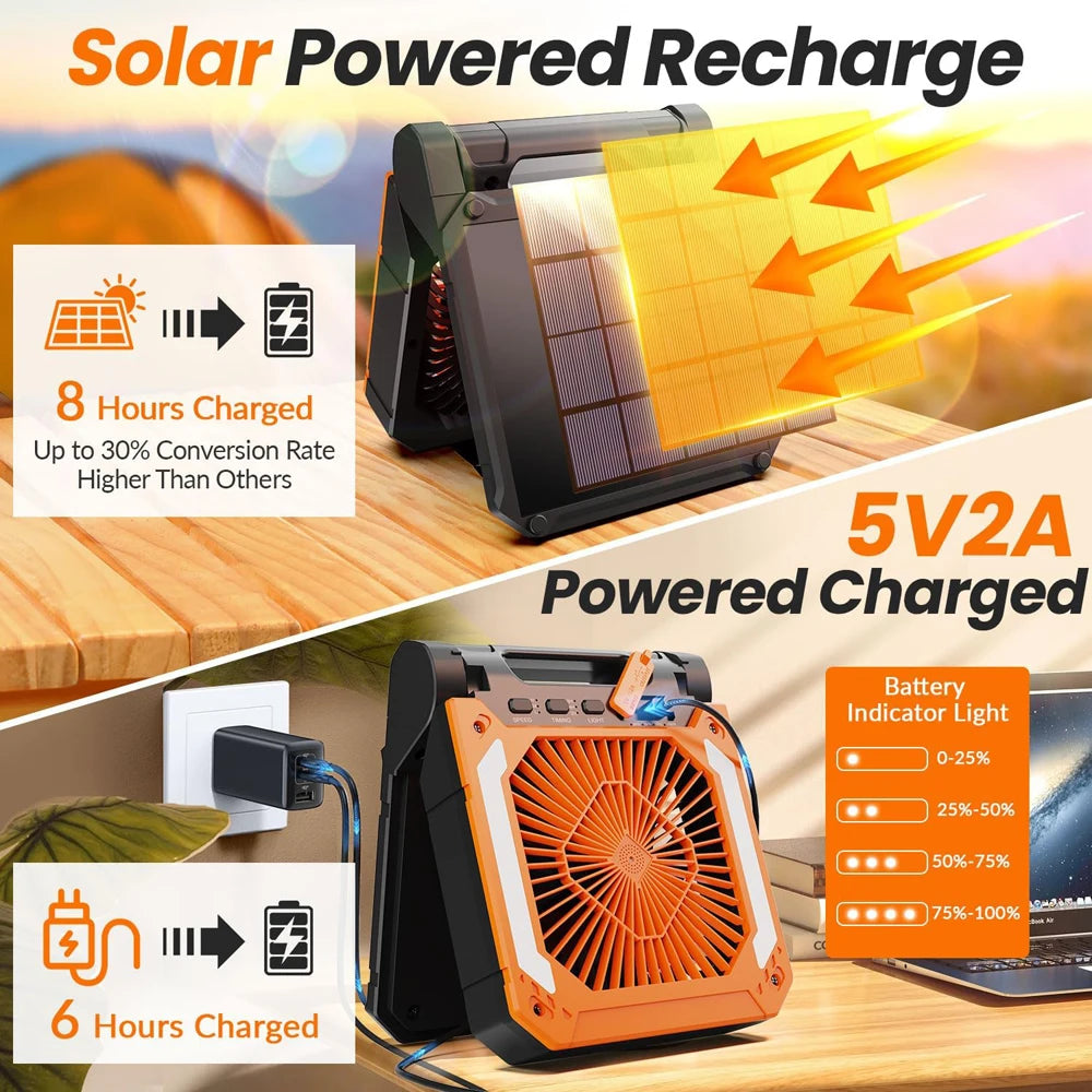 Cordless Portable Electric Fan With Led Light Tent Car Camping Hook&USB&Solar Charging For Hiking Fishing Picnic Emergency