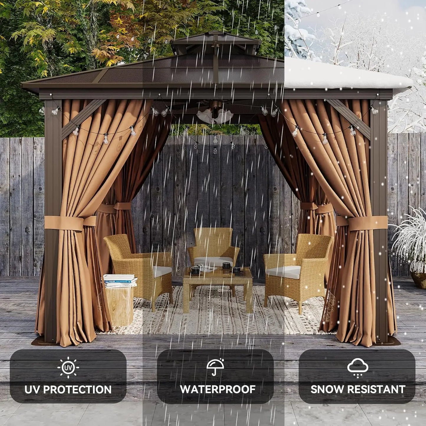10'x10' Hardtop Gazebo, Outdoor Polycarbonate Double Top Canopy, Aluminum Frame Gazebo with Netting and Curtains,Customized