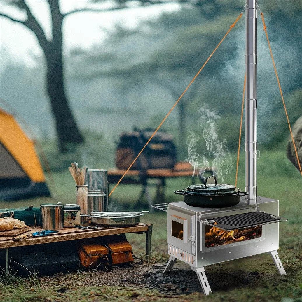Wood Burning Tent Stove Portable With Stainless Chimney Pipes For Outdoors