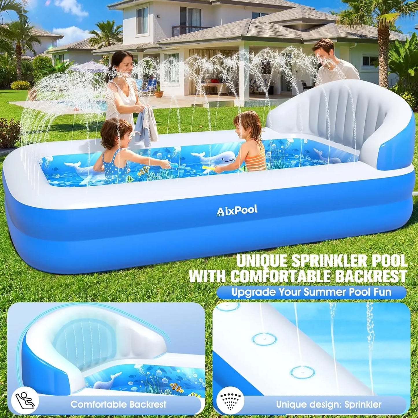 Rectangular Inflatable Pool With Sprinkler Big Backrest For Kids