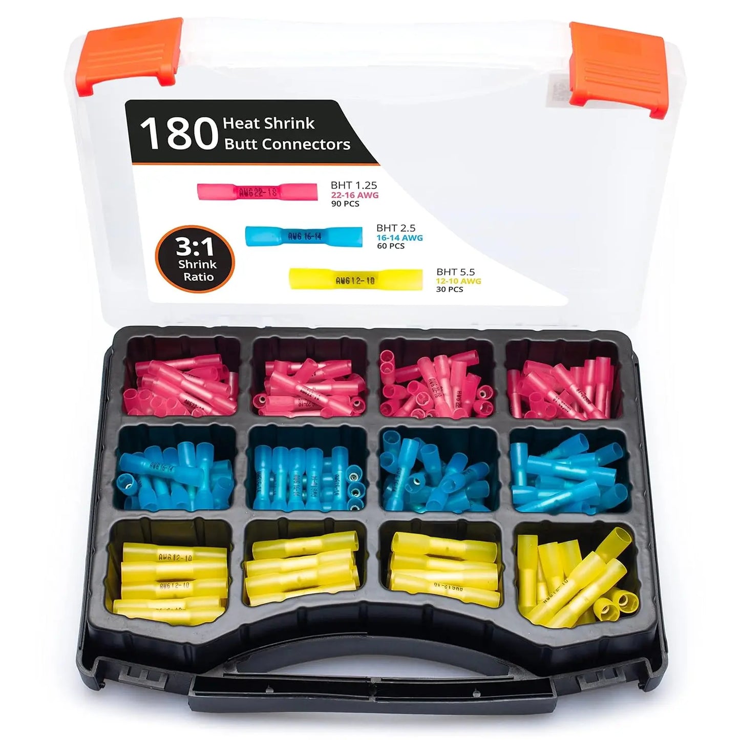 180 PCS Heat Shrink Butt Connectors Kit - Waterproof, Marine Grade for Electrical Wiring, 22-10 AWG