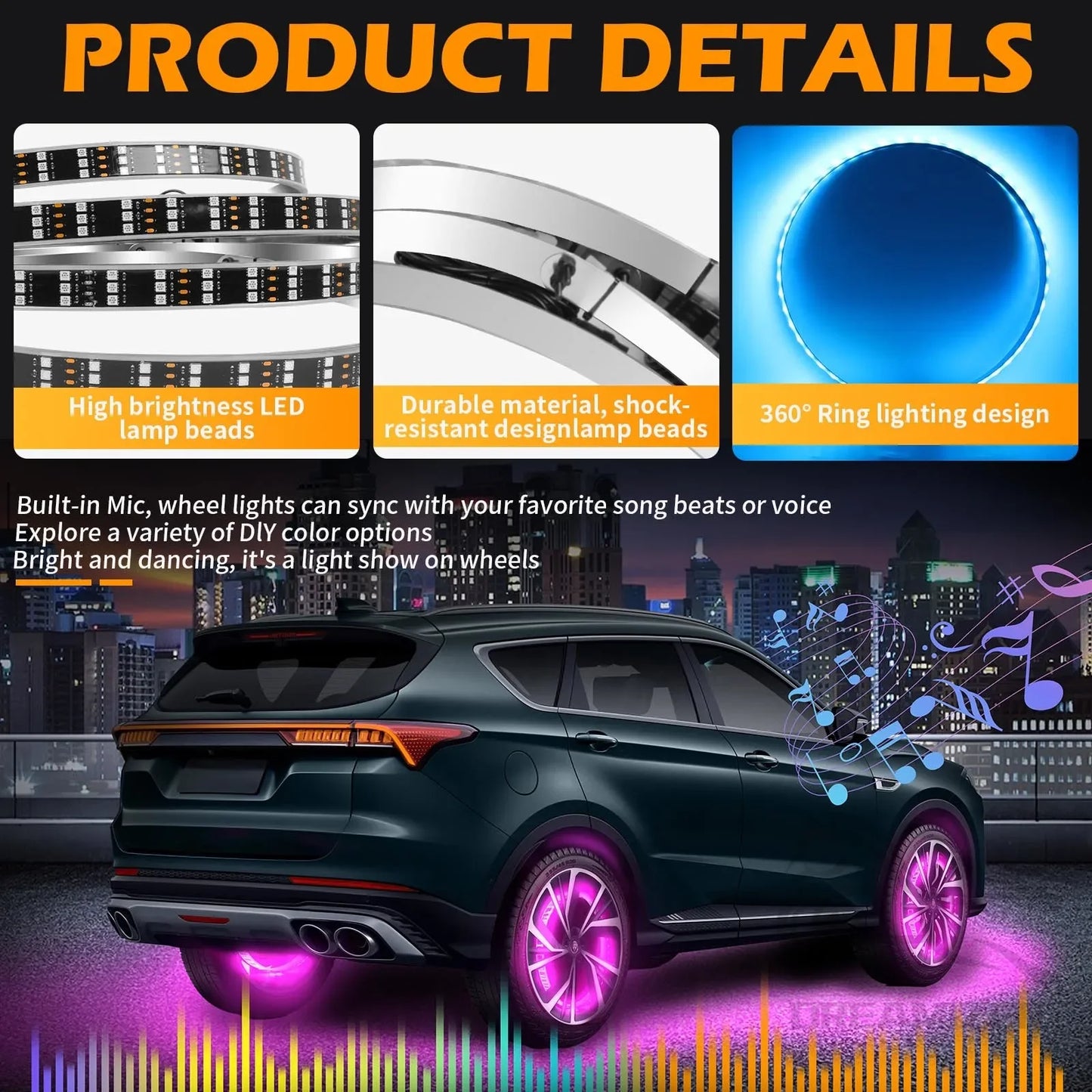 RGB Car Hub Lamp Kit With Waterproof LED Strip Lights