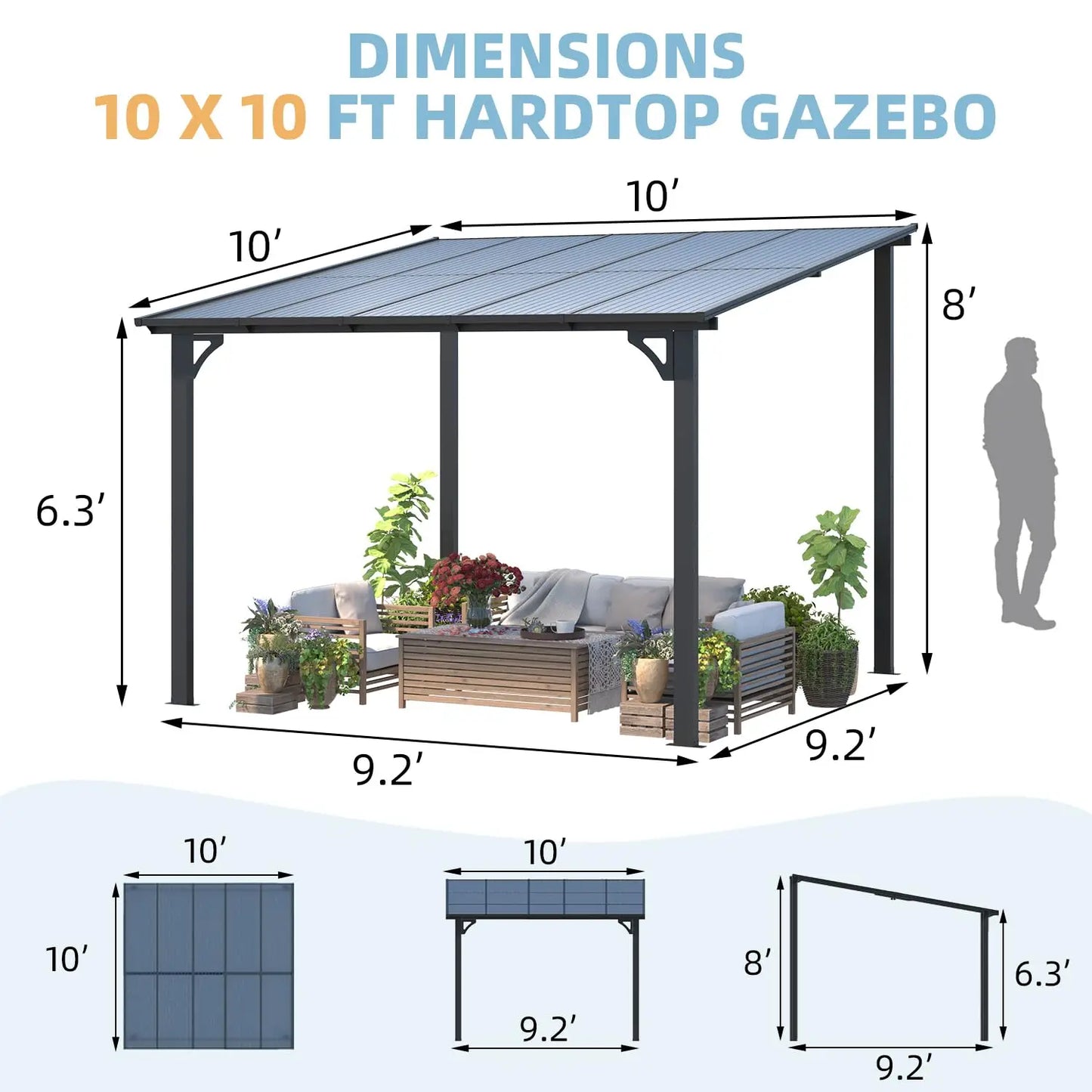 10’ x 10’ Gazebo, Wall Mounted Gazebos Pergola on Clearance, Outdoor Patio Lean to Gazebo Awnings for Deck, Porch,Customized