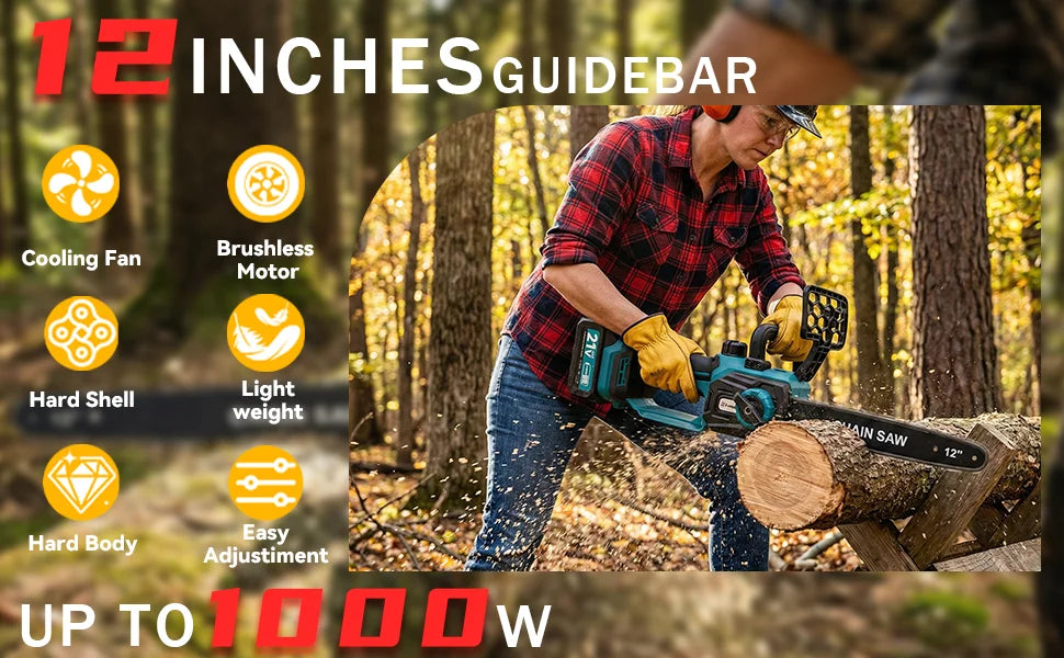 XYSD 12 in Electric Chainsaw Cordless, 21v ,2x3000mah Battery Handheld Chainsaw for Tree Trimming Electric Tree Trimmer Saw