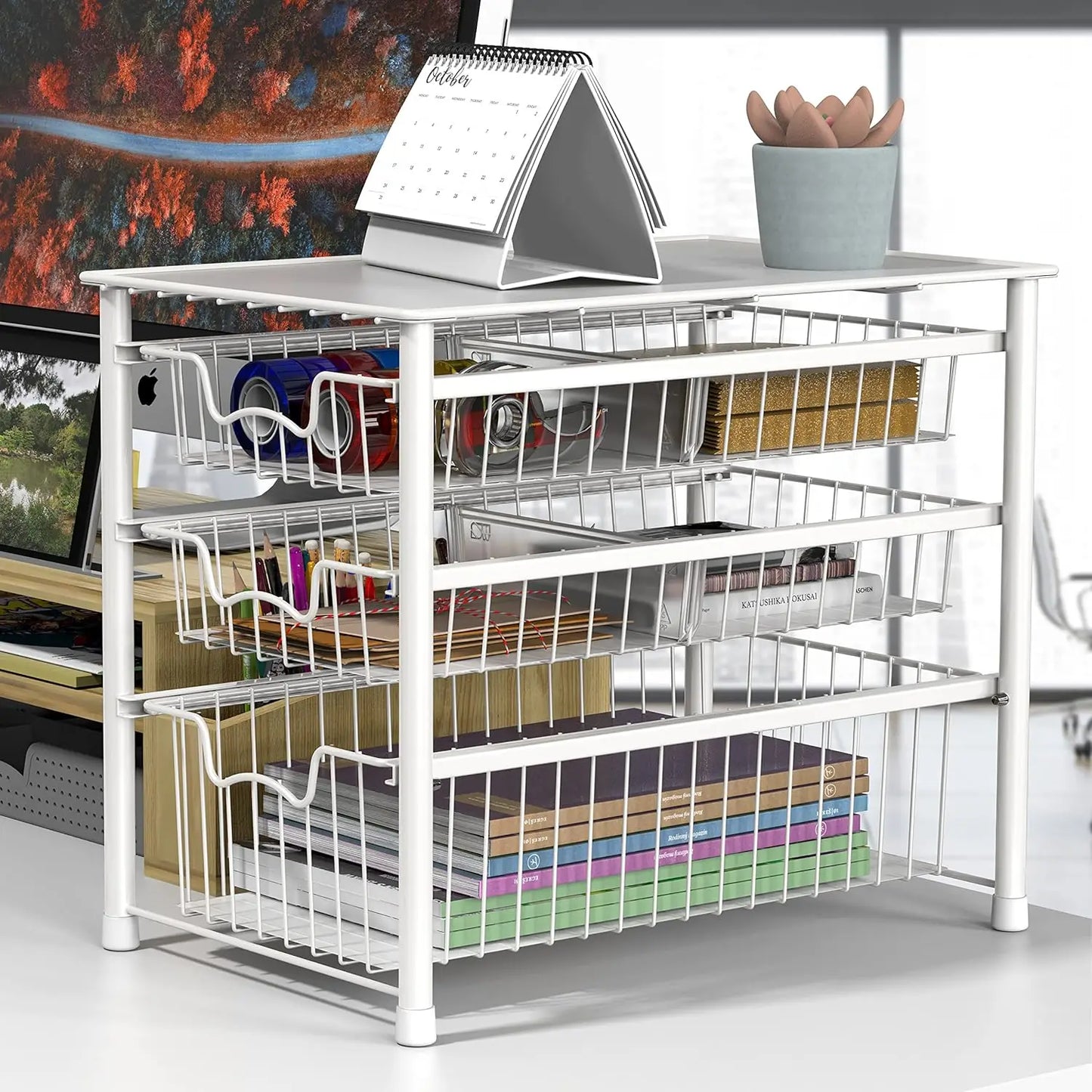 3-Tier Stackable Sliding Basket Storage Organizer Drawer for Bathroom and Kitchen, White