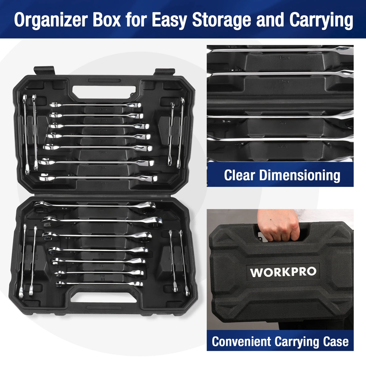 WORKPRO 21pc Ratcheting Wrench Set  with Box ,72 Teeth Wrench with Box, Wrench Repair  Tool Set