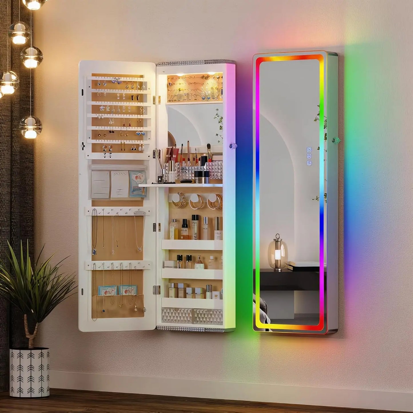 LED Mirror Jewelry Cabinet - with RGB lights,Lockable Wall/Door Mounted Full Length Mirror with Storage,Hanging, Customized