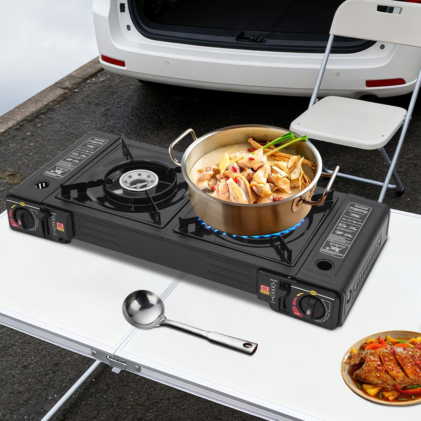 2 Burners Portable Gas Stove with Piezo Ignition and Carrying Case 2x2500W High Power LPG/Butane for Camping Picnics Parties