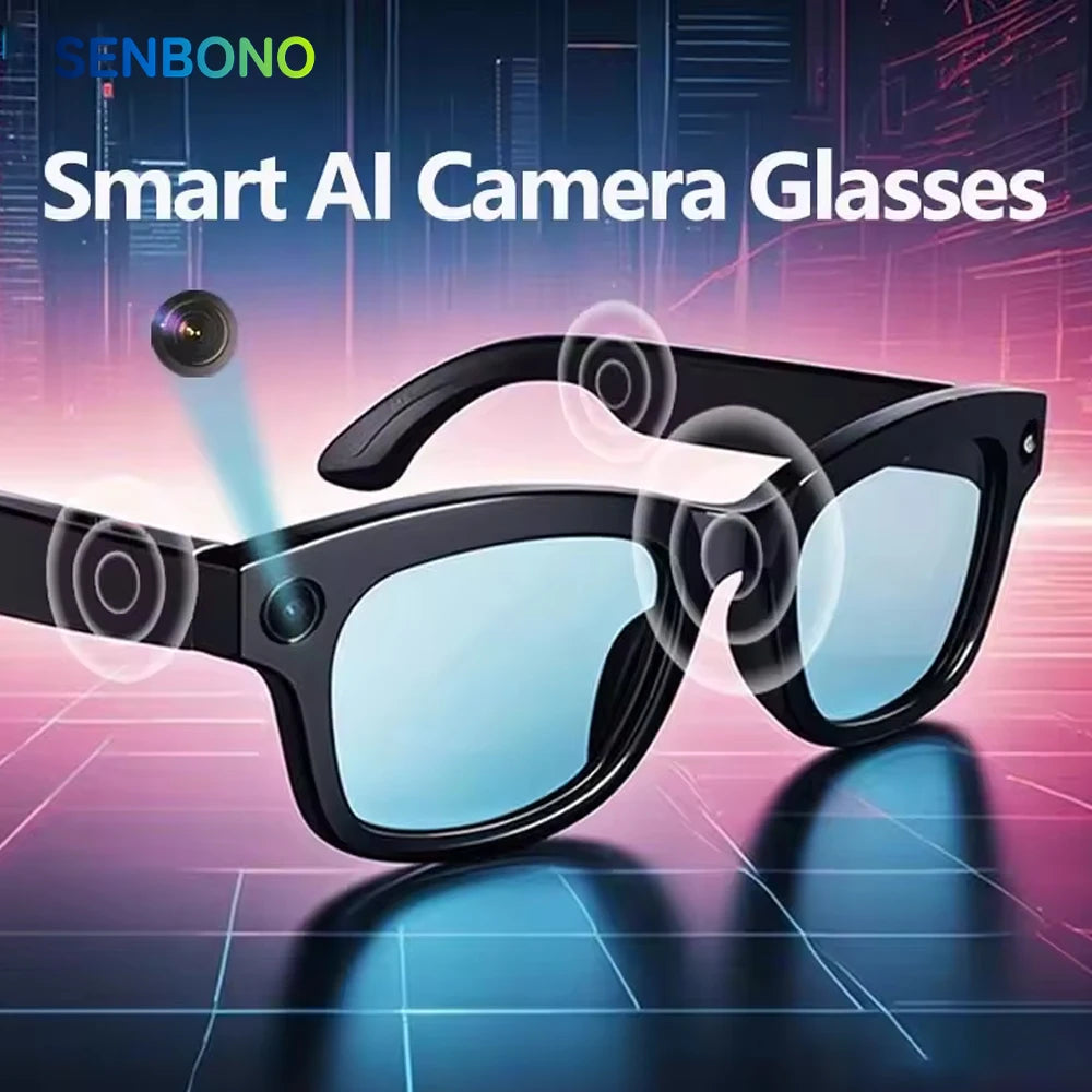 SENBONO Smart Glasses With AI Translator 8MP Camera 4K HD Take Videos And Photo Sunglasses BT Call for Men Women Fashion Glasses