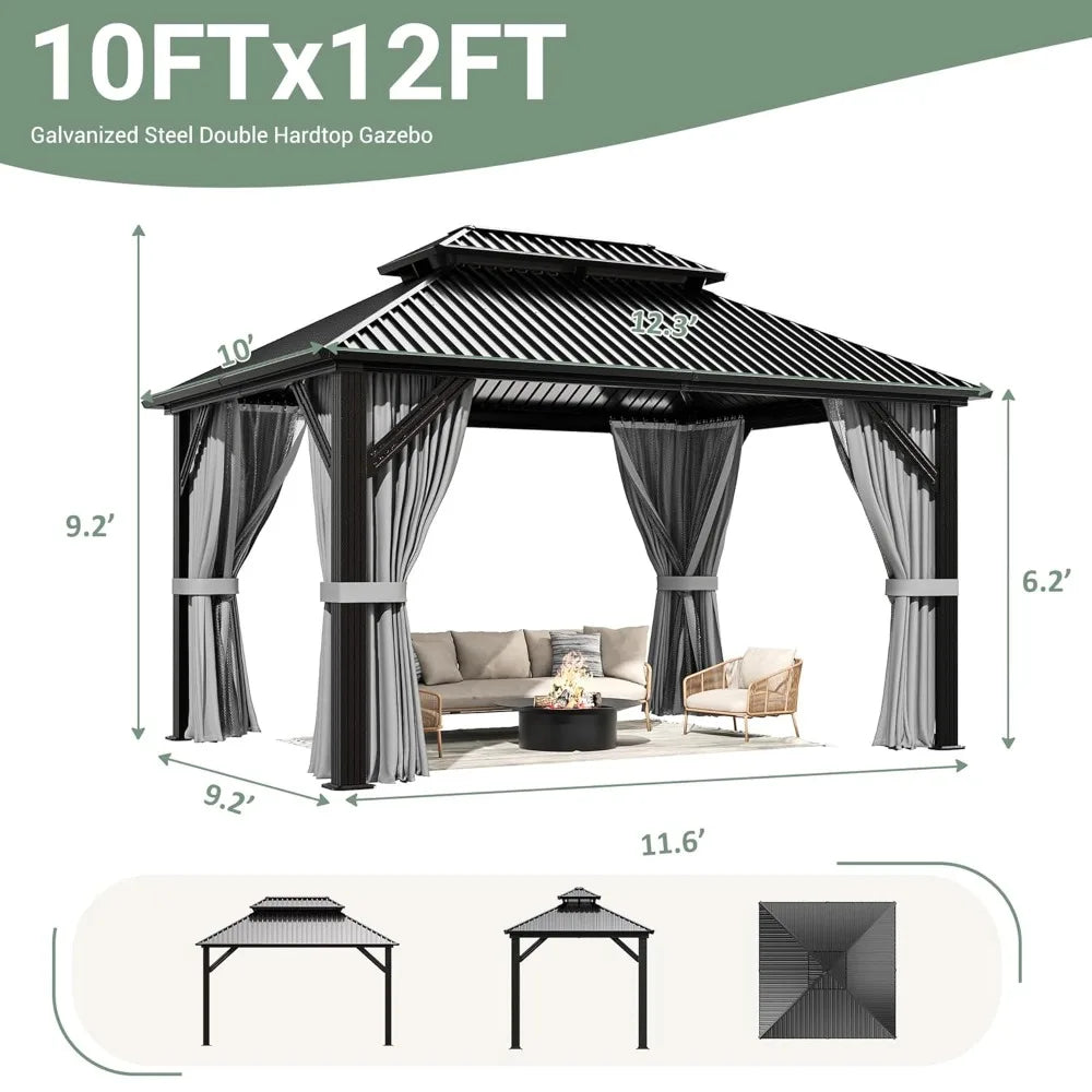 10'x12' Gazebo Hardtop Gazebo, Aluminum Frame Pergola with Double Galvanized Steel Roof, Permanent Outdoor Metal, Customized