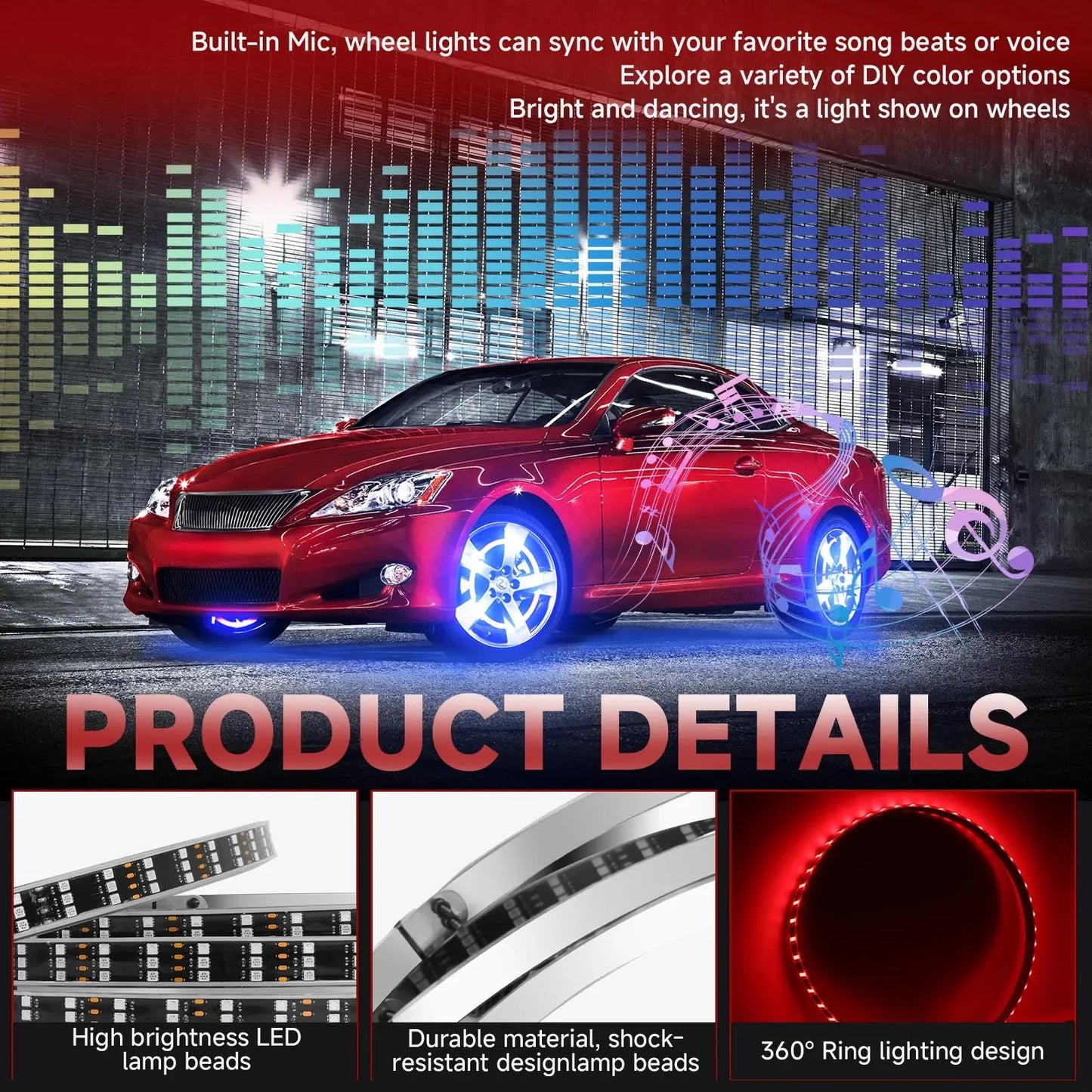 RGB Car Hub Lamp Kit With Waterproof LED Strip Lights