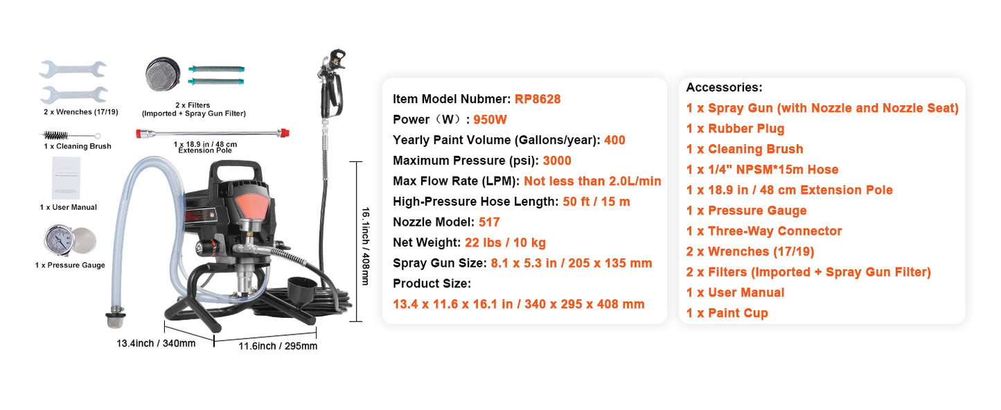 SucceBuy 750W 950W Airless Paint Sprayer 3000PSI High Efficiency Electric Airless Sprayer Handheld Paint Sprayers