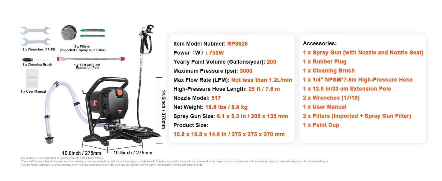 SucceBuy 750W 950W Airless Paint Sprayer 3000PSI High Efficiency Electric Airless Sprayer Handheld Paint Sprayers