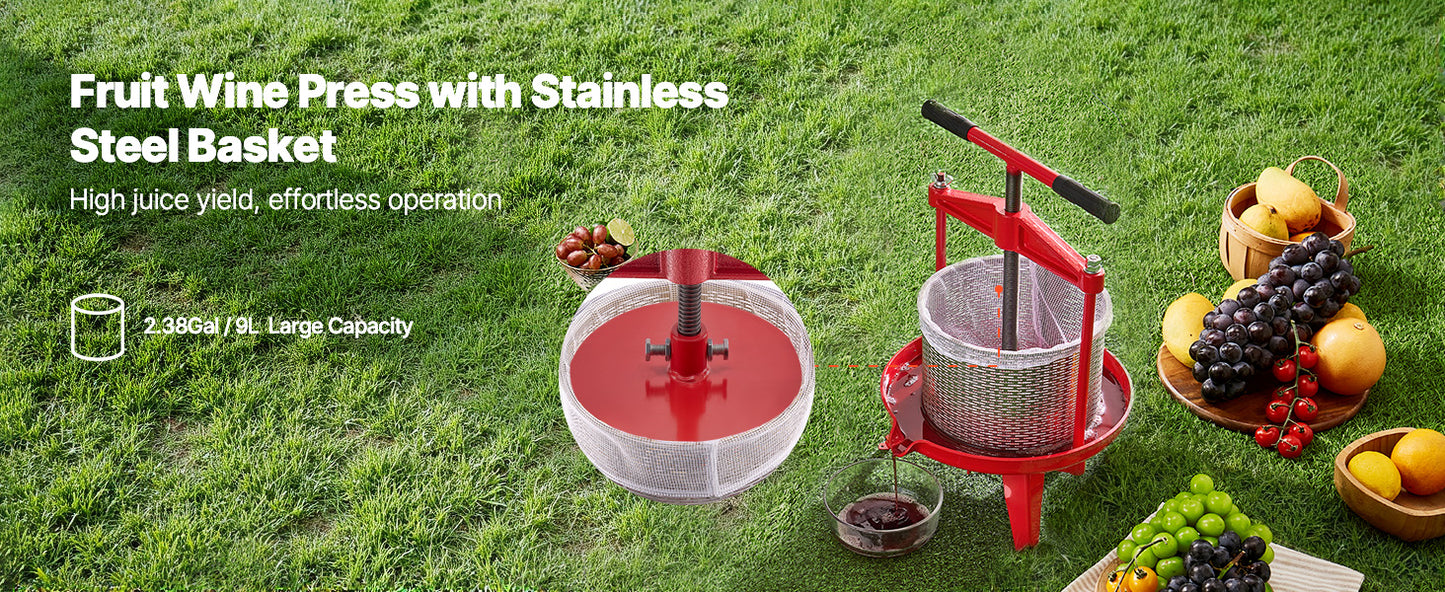 SucceBuy 9L 14L Fruit Wine Press Stainless Steel Basket with Cross-beam and Triangular Structure Manual Juice Maker for Kitchen