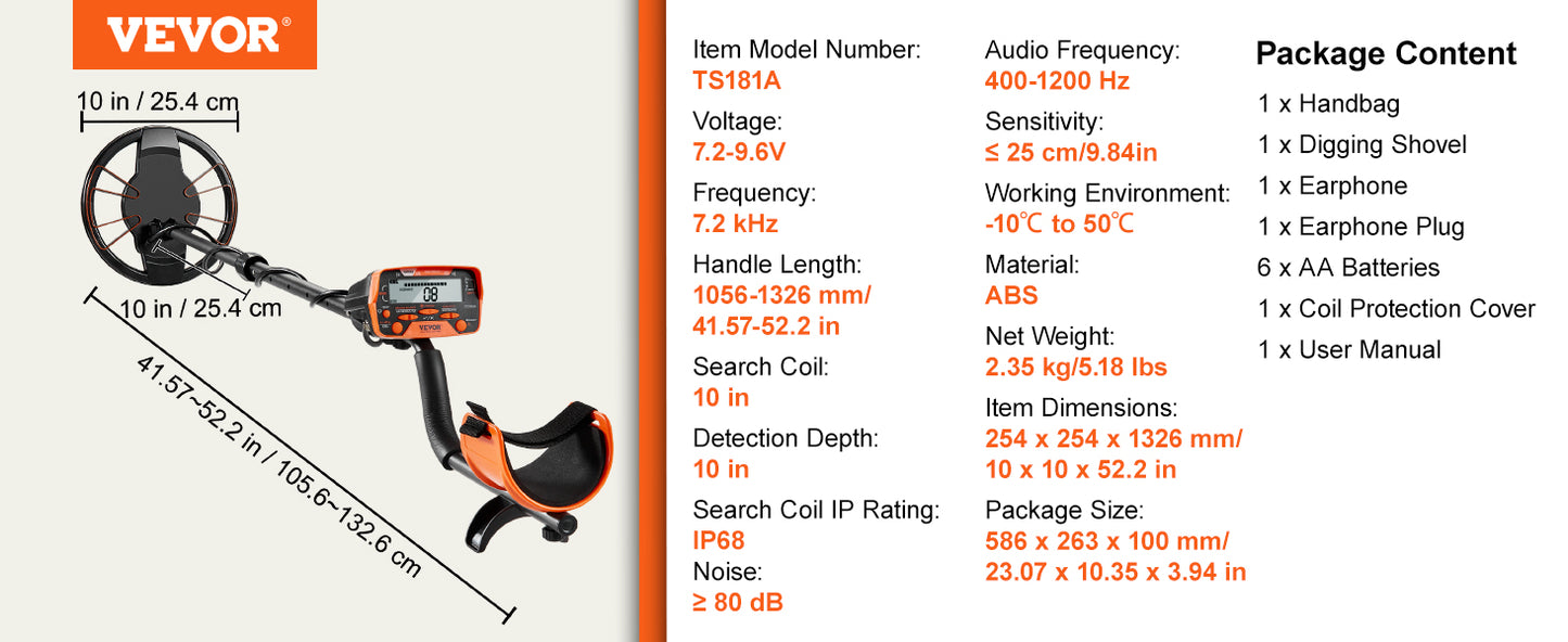 VEVOR Metal Detector for Adults & Kids 10Inch Waterproof Search Coil with LCD Display 7 Modes Adjustable 41''-52'' Aluminum Stem