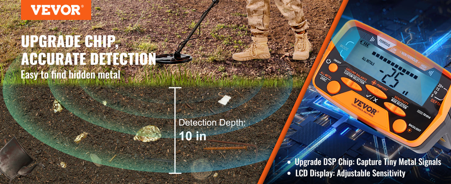 VEVOR Metal Detector for Adults & Kids 10Inch Waterproof Search Coil with LCD Display 7 Modes Adjustable 41''-52'' Aluminum Stem