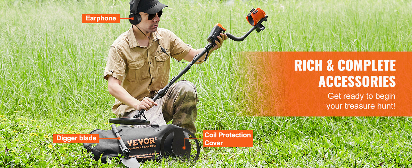 VEVOR Metal Detector for Adults & Kids 10Inch Waterproof Search Coil with LCD Display 7 Modes Adjustable 41''-52'' Aluminum Stem