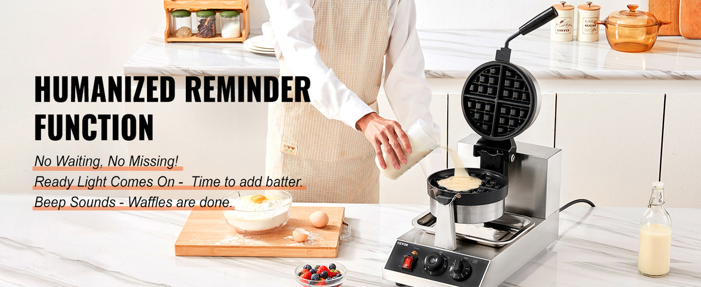 SucceBuy Electric Waffle Maker Stainless Steel Round Waffle Iron Non-Stick Waffle Baker Machine Teflon-Coated Baking Pans